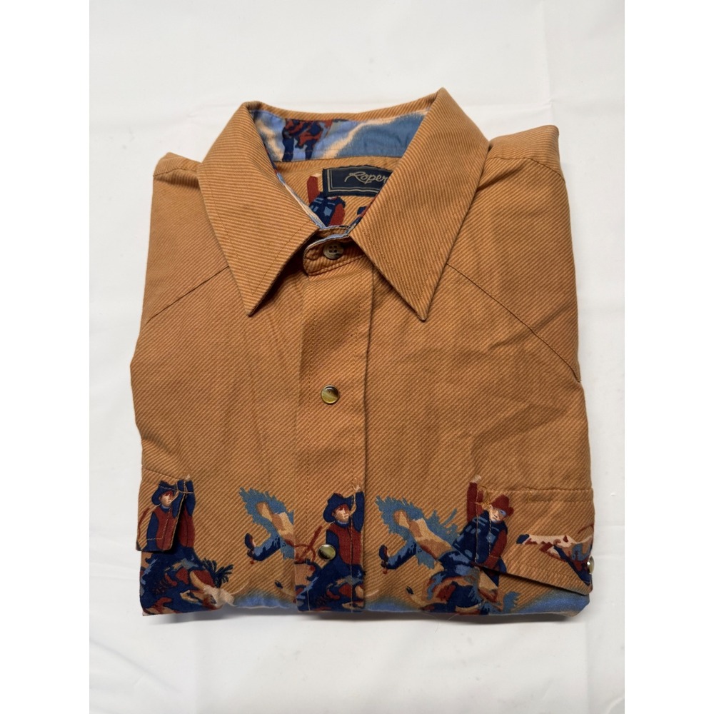 Roper Mens Western Shirt Large Blue Tan Rodeo Cowboy Graphic Pearl Snap Cotton - Picture 3 of 7